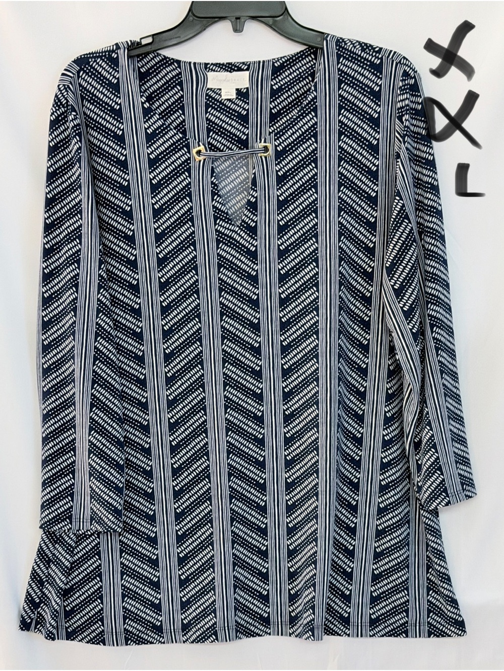 Navy Striped V-Neck Tunic with Gold Bar Accent - Women